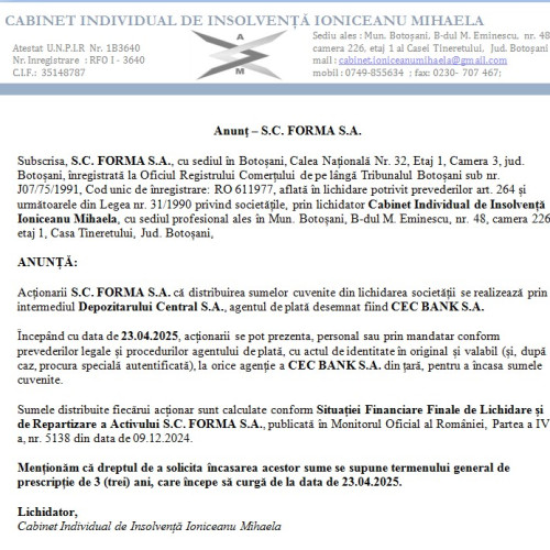 Anunț important pentru acționarii S.C. FORMA S.A. din Botoșani