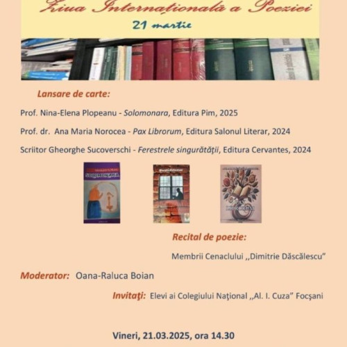 Biblioteca Județeană &quot;Duiliu Zamfirescu&quot; Vrancea organizează un eveniment cultural dedicat Zilei Internaționale a Poeziei