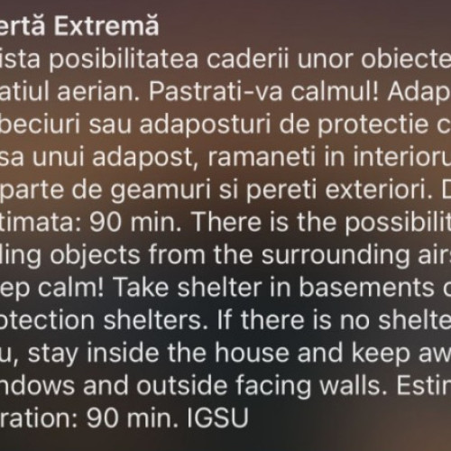 News Alert Mesaj Ro-Alert în Tulcea: Populația, avertizată în legătură cu „posibilitatea căderii unor obiecte din spațiul aerian”