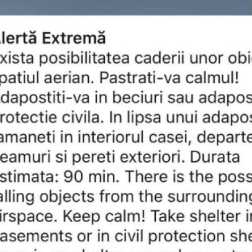 Mesaj RO-Alert în nordul judeţului Tulcea: există posibilitatea căderii unor obiecte din spaţiul aerian