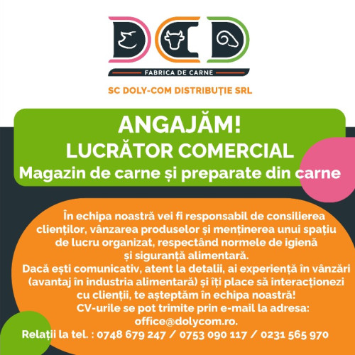 Doly-Com Distributie angajează lucrător comercial pentru magazin de carne
