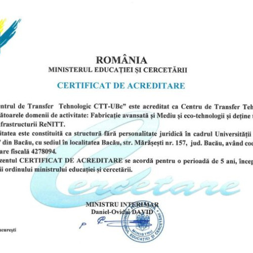 Centrul de transfer tehnologic de la Universitatea &quot;Vasile Alecsandri&quot; din Bacău, acreditat oficial