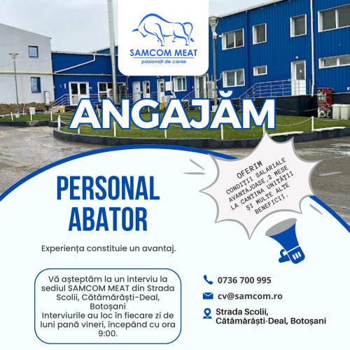 Samcom Meat caută personal pentru abatorul din Cătămărăști Deal