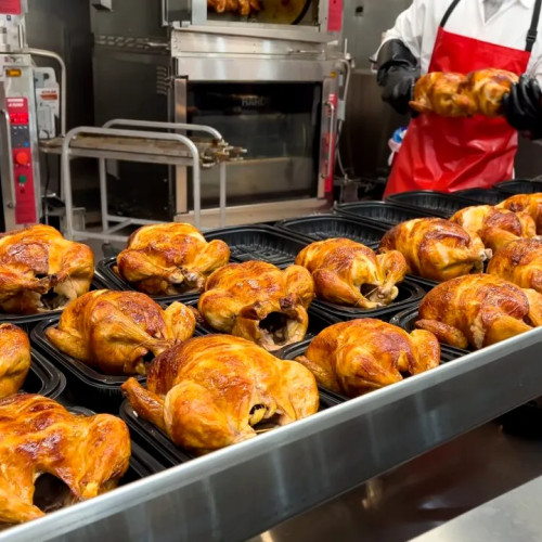 Puiul la rotisor: gust, proteine și sare