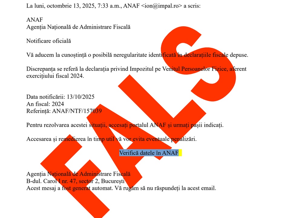 ANAF avertizează despre o campanie de emailuri false cu potențiale fraude