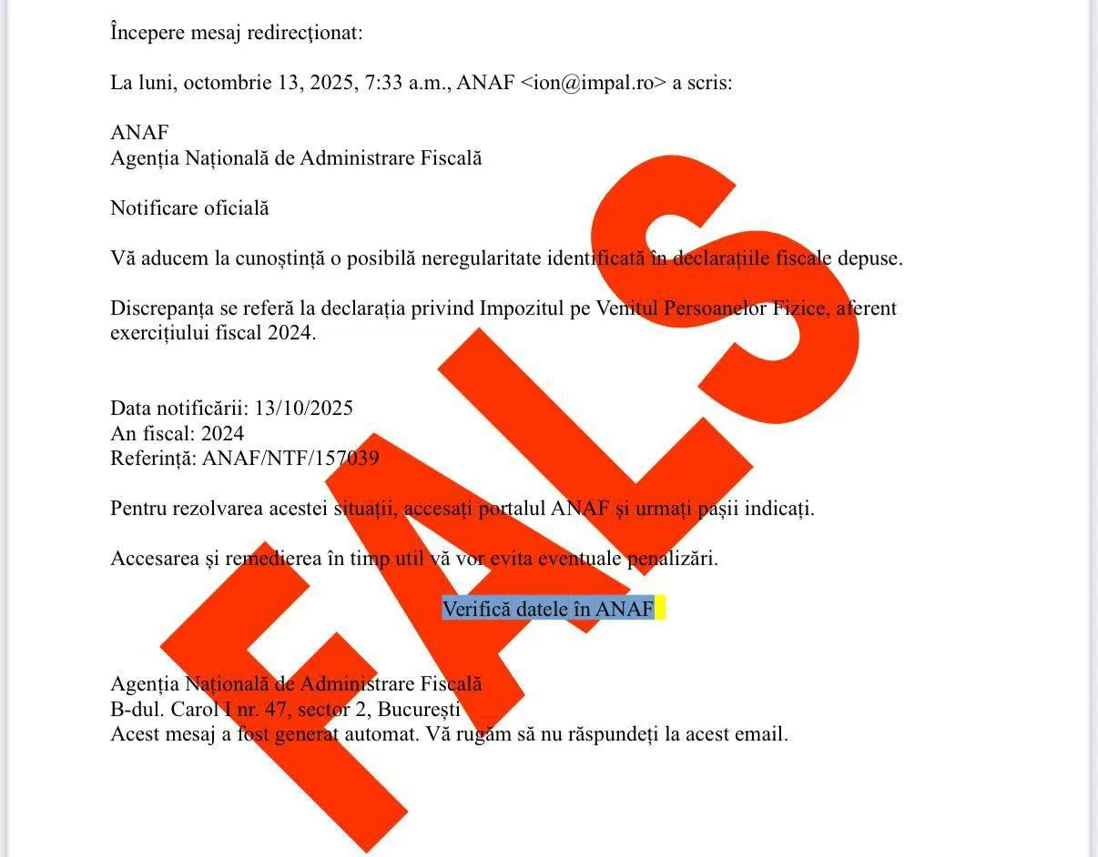 ANAF avertizează asupra unor emailuri false despre neregularități fiscale