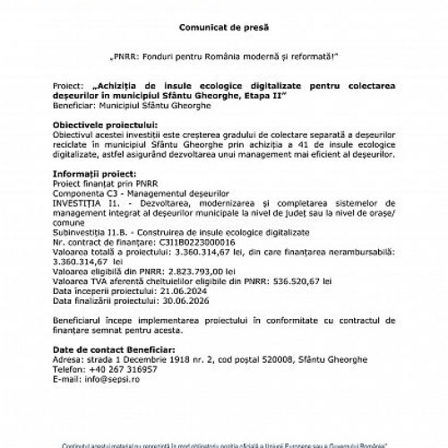 Șfântu Gheorghe va primi 41 de insule ecologice digitalizate pentru colectarea deșeurilor