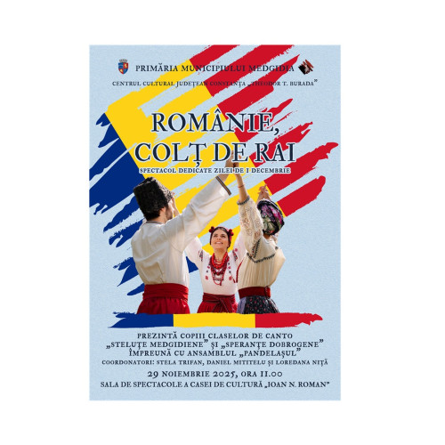 Medgidia găzduiește un spectacol patriotic cu „Steluțe Medgidiene” și Ansamblul Pandelașul