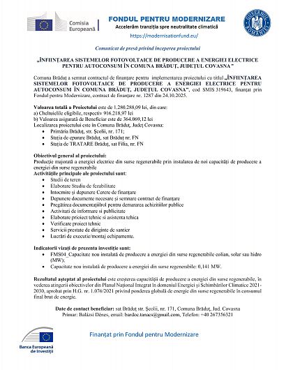 Comuna Brăduț primește finanțare pentru sisteme fotovoltaice de producere a energiei