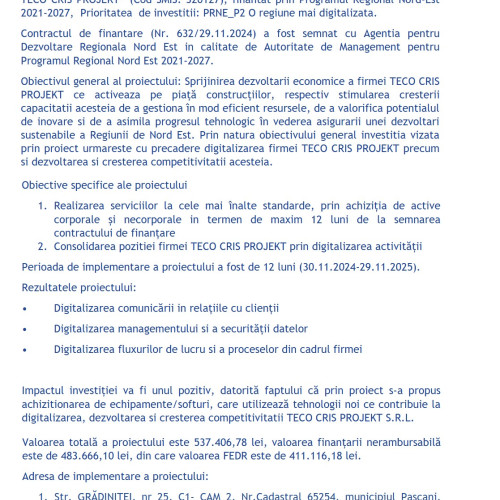 Proiectul de digitalizare a firmei TECO CRIS PROJEKT finalizat