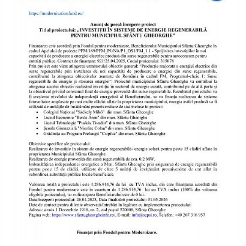 Proiect de energie regenerabilă aprobat pentru municipiul Sfântu Gheorghe