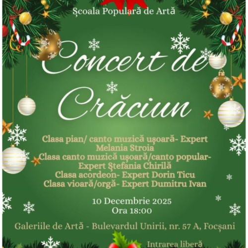 Concertul de Crăciun al elevilor Școlii Populare de Artă va avea loc la Galeriile de Artă Focșani