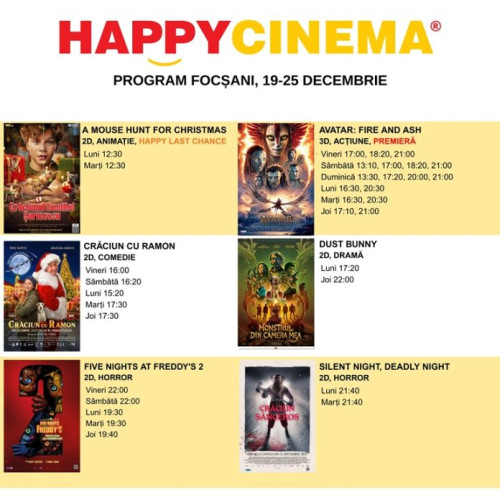 Happy Cinema Focșani programează filme noi și avanpremiere în sălile 3D ultramoderne