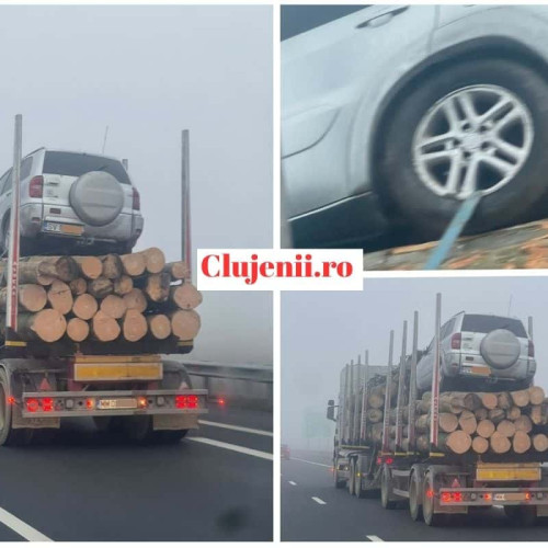 Autocamion transportă o mașină fixată periculos pe o încărcătură de lemne pe Autostrada A10